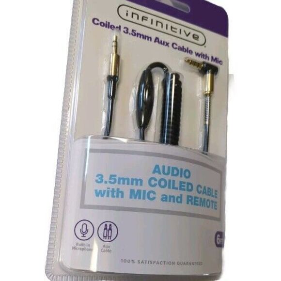 New Infinitive Coiled 3.5 mm Aux Cable with Mic and Remote New 6ft.  Sealed NIP - Picture 4 of 5